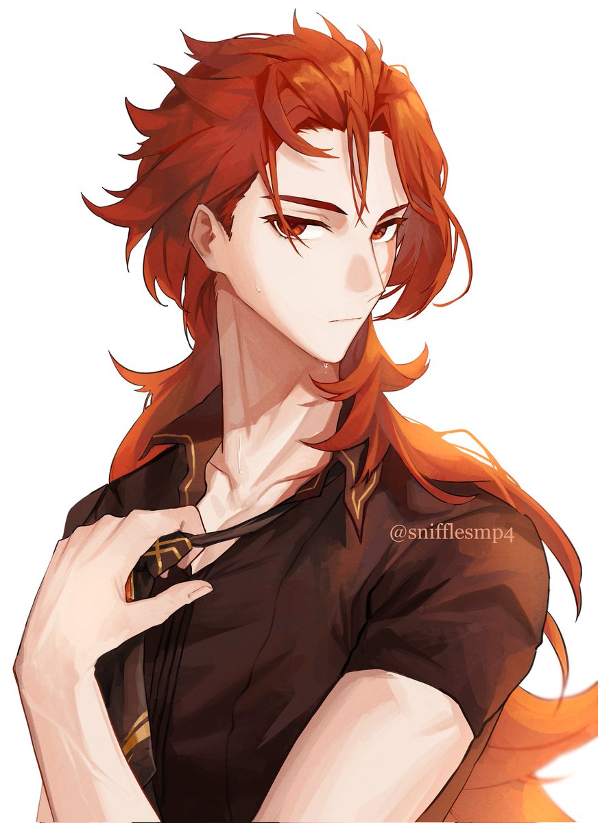 diluc (genshin impact) 1boy male focus long hair red hair solo red eyes shirt  illustration images
