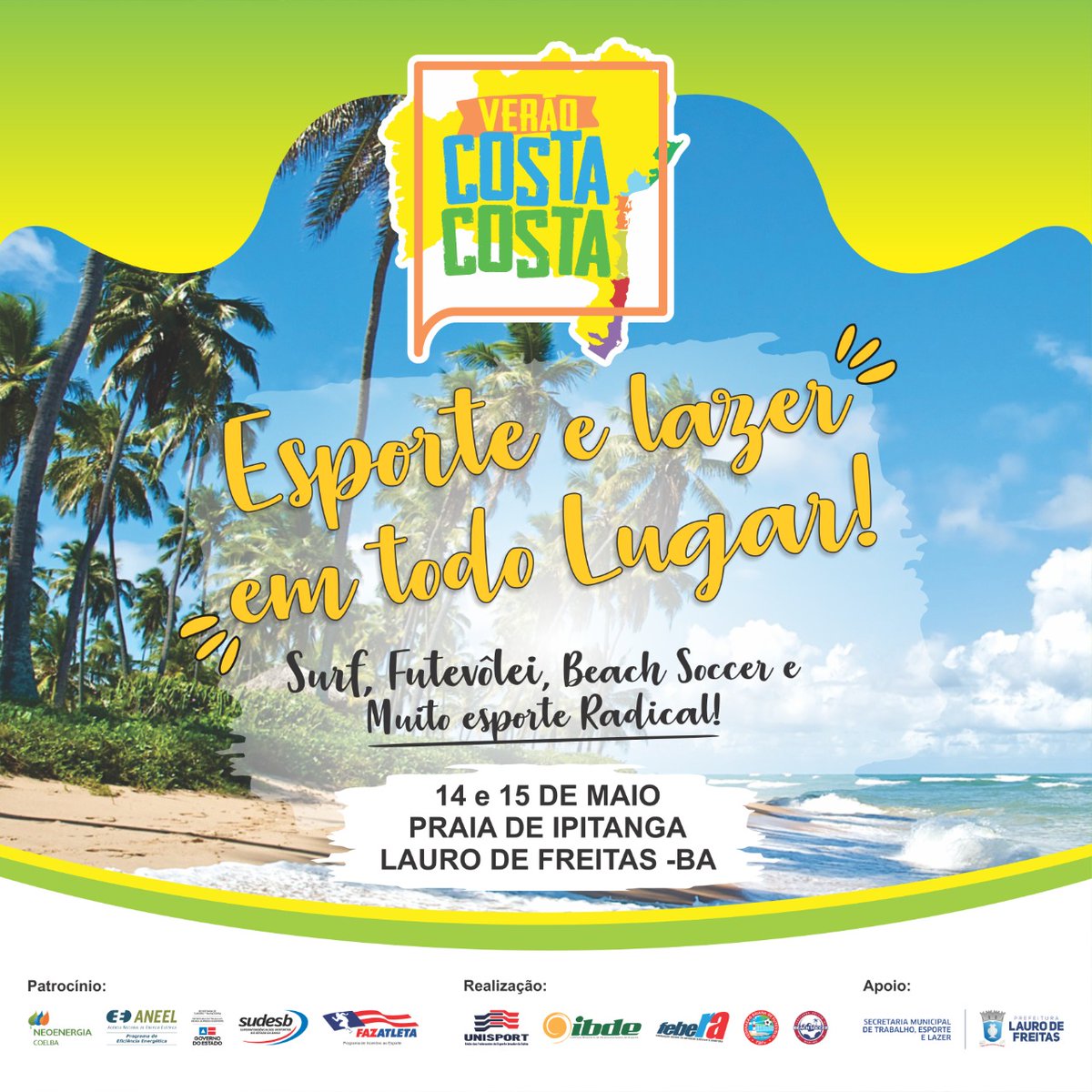 Davidson65's tweet photo. A última etapa do Verão Costa a Costa, chega em #LaurodeFreitas, com uma programação que promete movimentar o fim de semana de moradores e turistas.  Será realizada neste sábado e domingo, dias 14 e 15 de maio, das 8h às 17h, na Praia de Ipitanga. Vai deixar saudade! #FazAtleta https://t.co/gkyWm4a4ZW