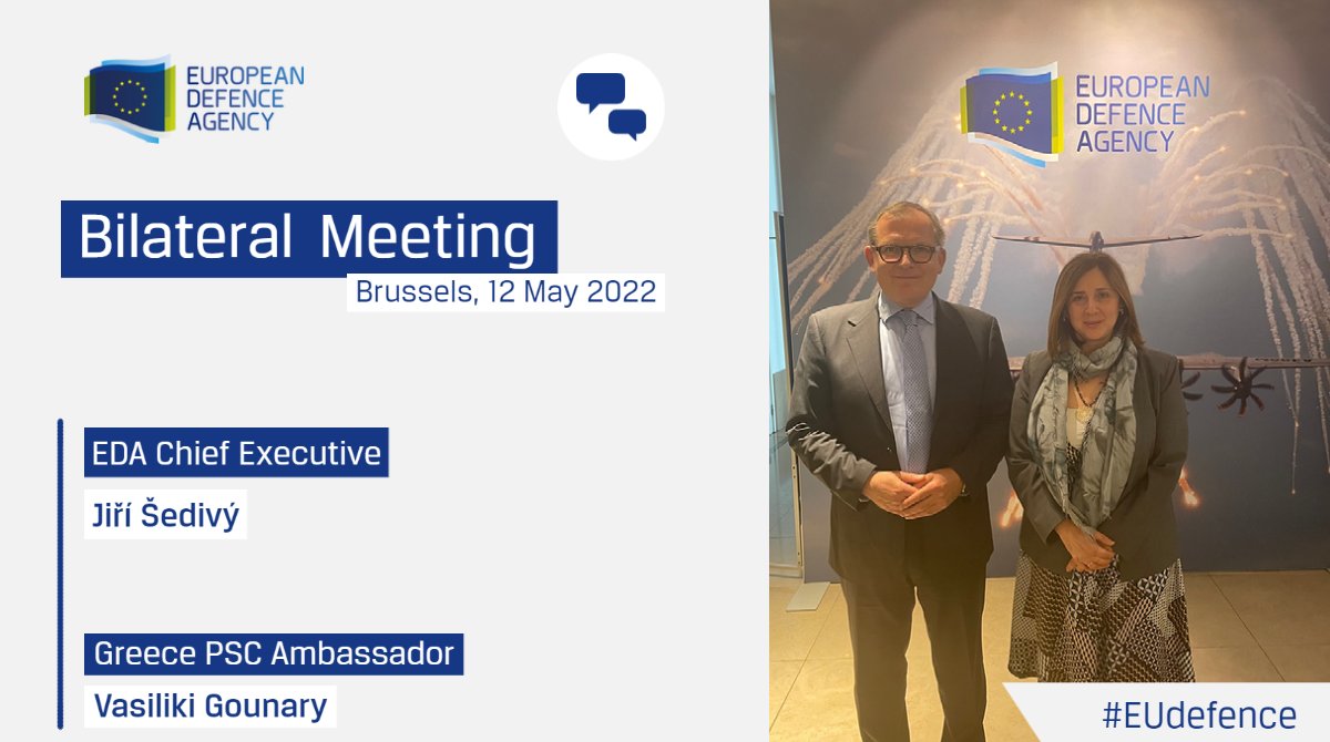 EUDefenceAgency's tweet image. 📸 CE Jiří Šedivý welcomes Vasiliki Gounari, Greek PSC Ambassador, to EDA 🇬🇷

💬 Excellent discussions on EDA&apos;s #DefenceCapability development efforts &amp;amp; support to #EUdefence initiatives, and Greece&apos;s involvement in EDA.