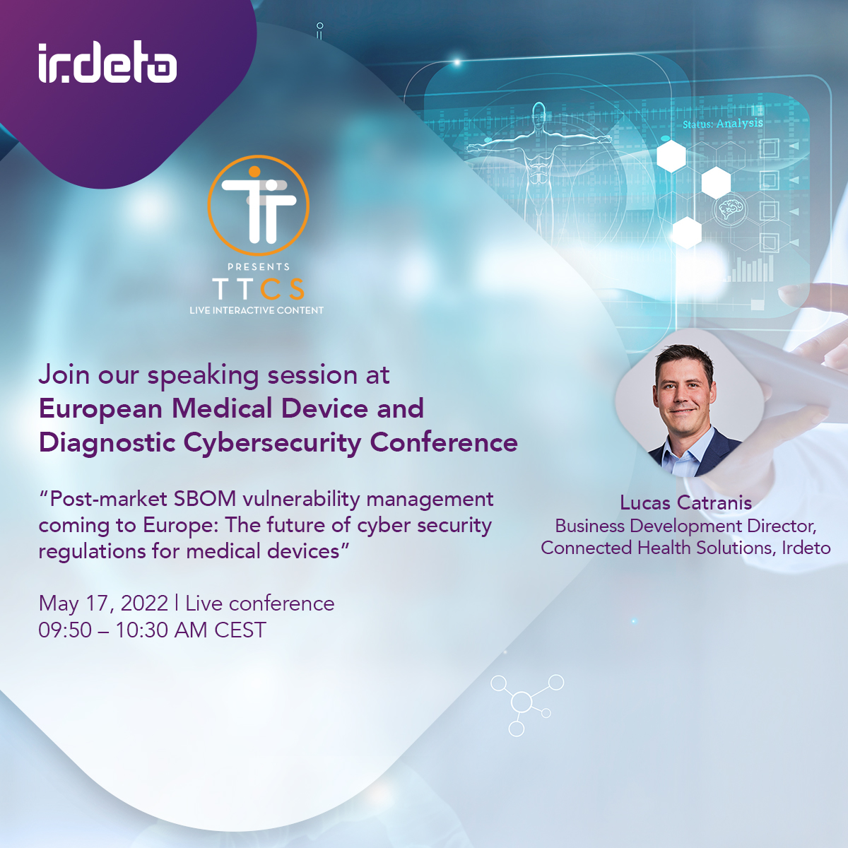 Irdeto's tweet photo. Come join our speaking session on ‘The future of cybersecurity regulation for medical devices’ and panel session on ‘How to mitigate cybersecurity vulnerabilities in legal products’. We look forward to seeing you there
#Irdeto #MedTech #MedicalDevices #TTCS #ConnectedHealth https://t.co/S8mUV0ztrx