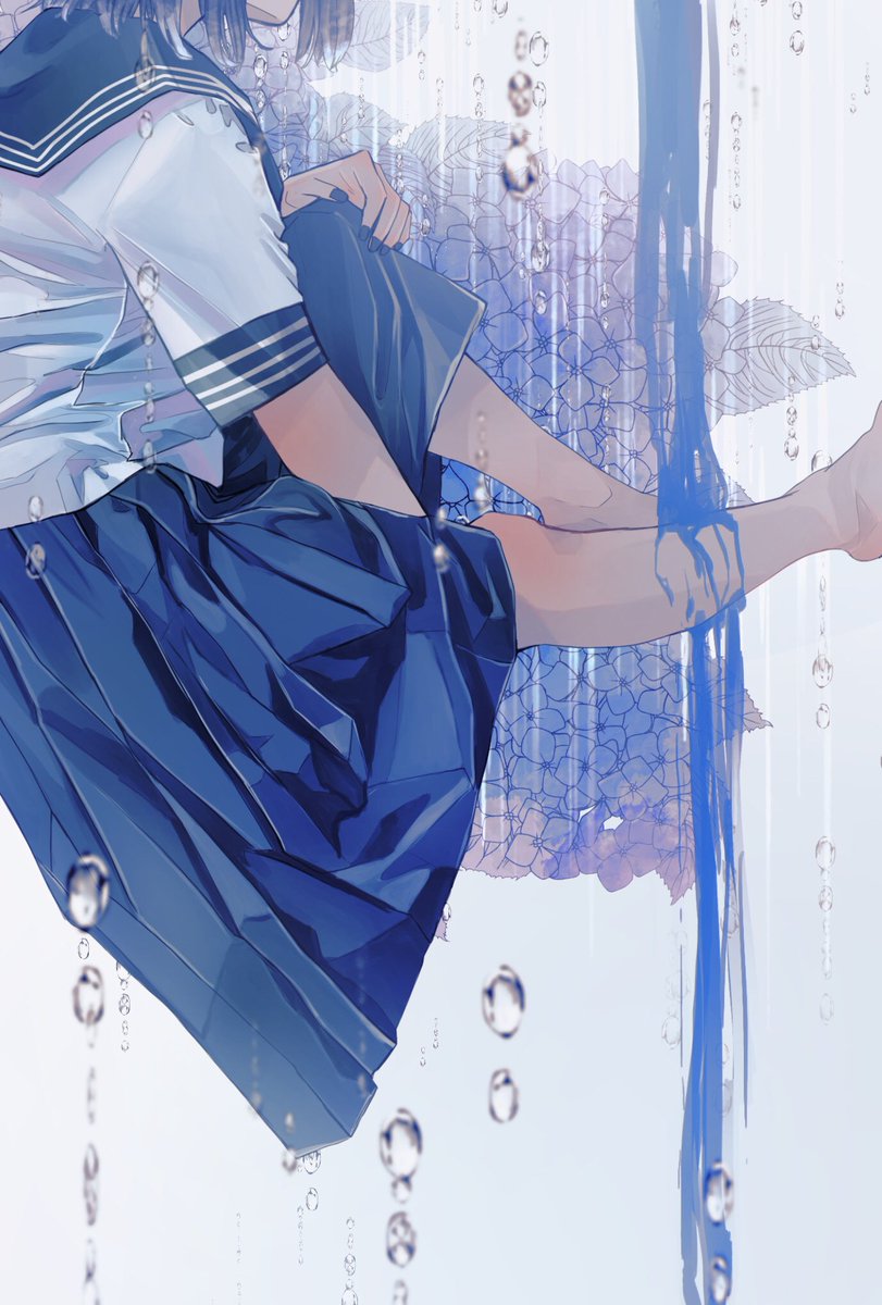 1girl solo skirt school uniform water drop serafuku blue skirt  illustration images