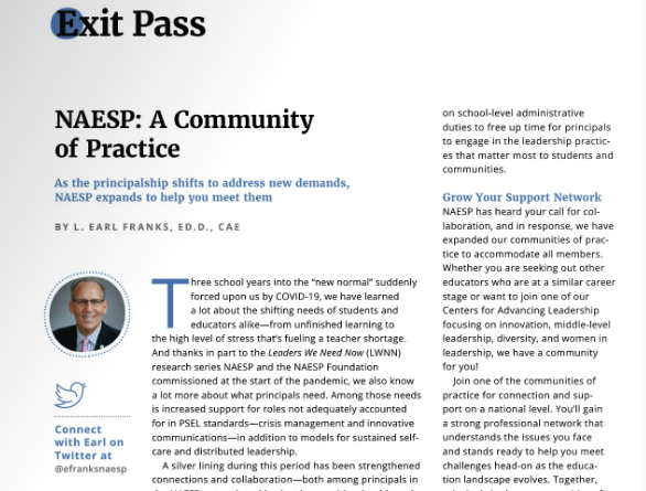 NAESP's tweet photo. To boost collaboration, NAESP has expanded its communities of practice to make it easier for all members to take advantage of their most vital assets—each other. @NAESP's @efranksnaesp explains more about this valuable benefit in #PrincipalMag #ExitPass. https://t.co/jZejKvWpnN https://t.co/VQCN2aF332