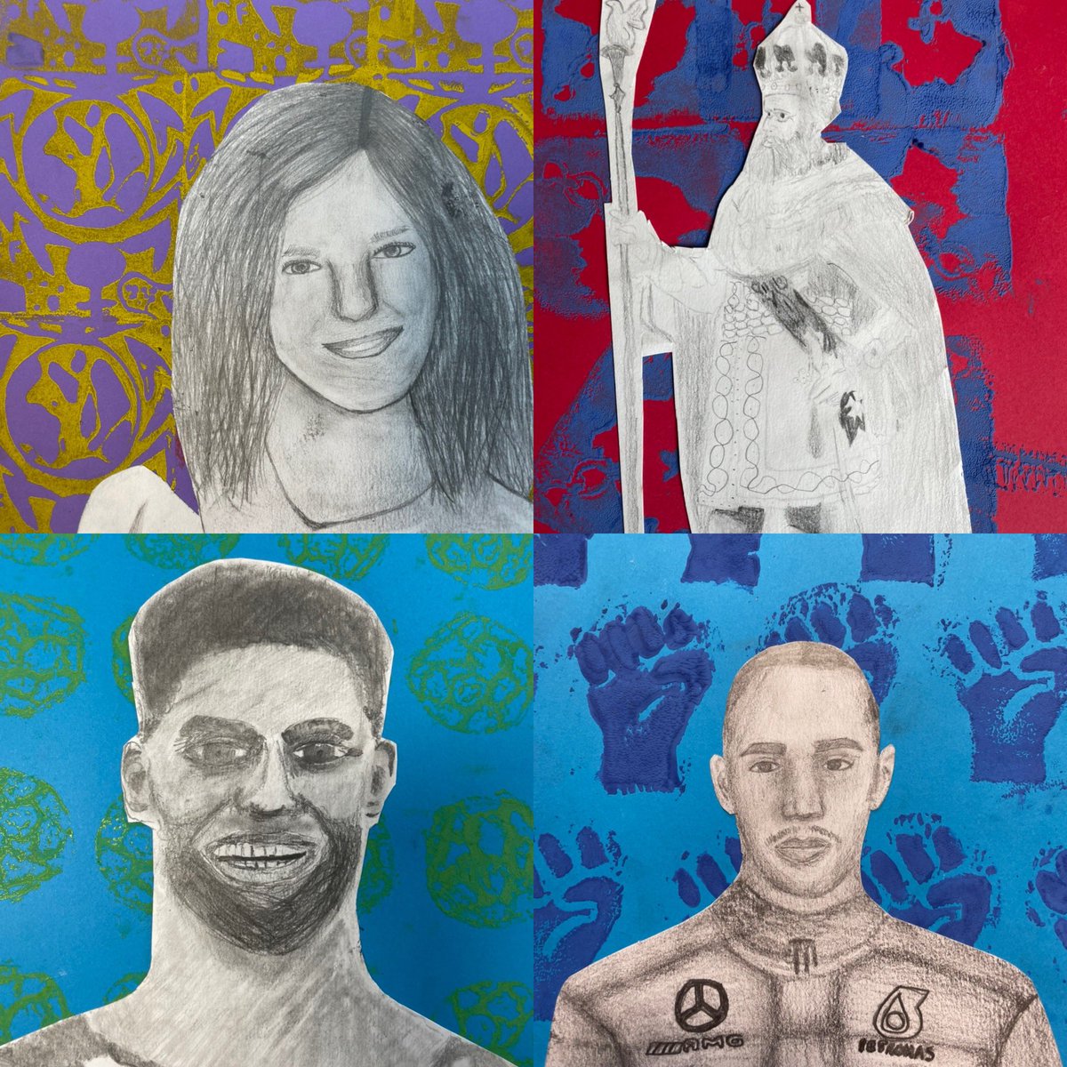 Just some of the brilliant pieces from Yr9 Artists who have been creating portraits on people they find inspiring with backgrounds in the style of artist <a href="/kehindewileyart/">Kehinde Wiley</a> So impressed! ⭐️<a href="/art_kba/">KBA Art Department</a> <a href="/KBuccleuchA/">KBA</a>