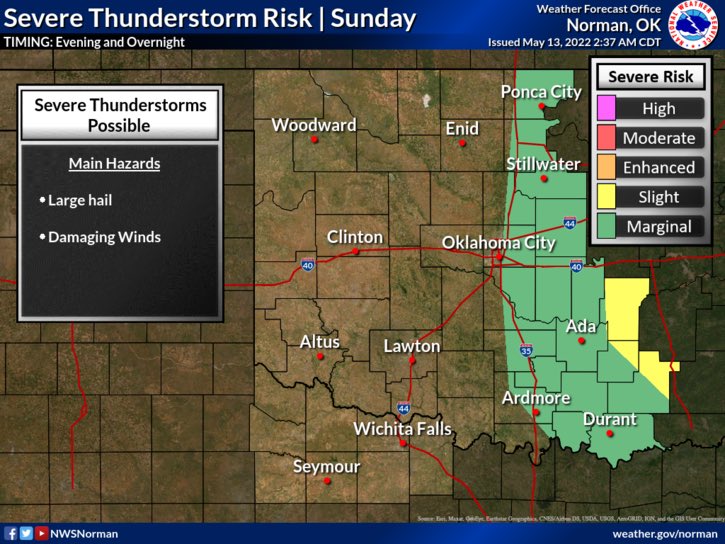 We have a chance of severe weather today for Pottawatomie County. Hazards will include damaging winds 60-80 mph, hail up to golf balls, and the tornado risk is very low. We will be monitoring Saturday and Sunday for more severe weather. #okwx #pcoem