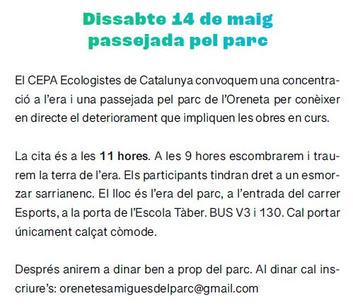ParcOreneta's tweet photo. Demà dissabte 14 de maig, a les 11h, t'esperem a l'era del Parc forestal de l'Oreneta 🌳
(Entrada pel costat que dóna a l'escola Tàber) https://t.co/QfJTYpctp0