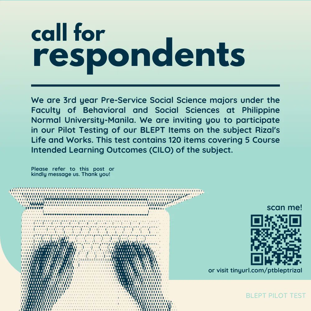 hawypotter's tweet photo. LF: Undergrad Educ Majors, I think kayo na 'to! 😁

Please help us improve our assessment tool by particapating on the pilot testing of our test items in the subject Rizal's Life and Works. 

For more information, pls refer to the materials below and/or send me a DM. Thank you!📚 https://t.co/IjGECzxjTK