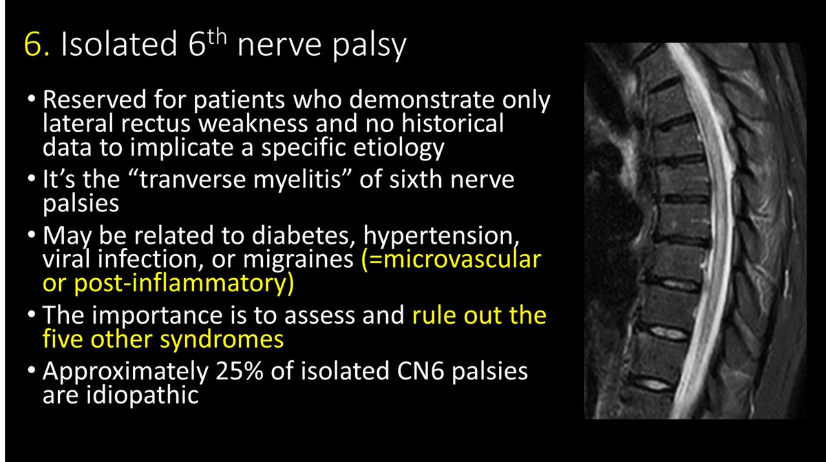 17/Last syndrome is if there is no other identifiable cause—the transverse myelitis of CN6! (likely microvascular/post-inflammatory). But you must rule out the other 5 syndromes first!So now you know the Six Syndromes of the Sixth Cranial Nerve—now go impress a neurologist!