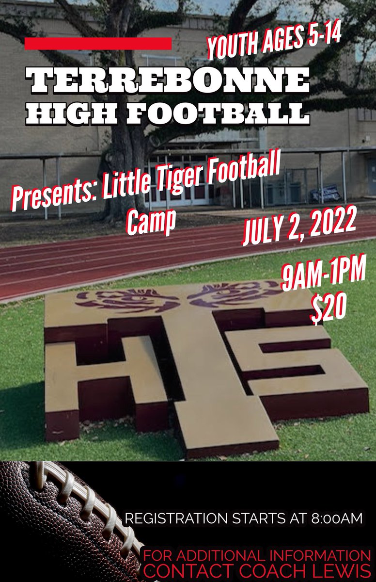 coach_ty12's tweet photo. Join us July 2nd for our 1st Annual Little Tiger Football Camp. Ages 5-14. https://t.co/5xwPgMmb6e