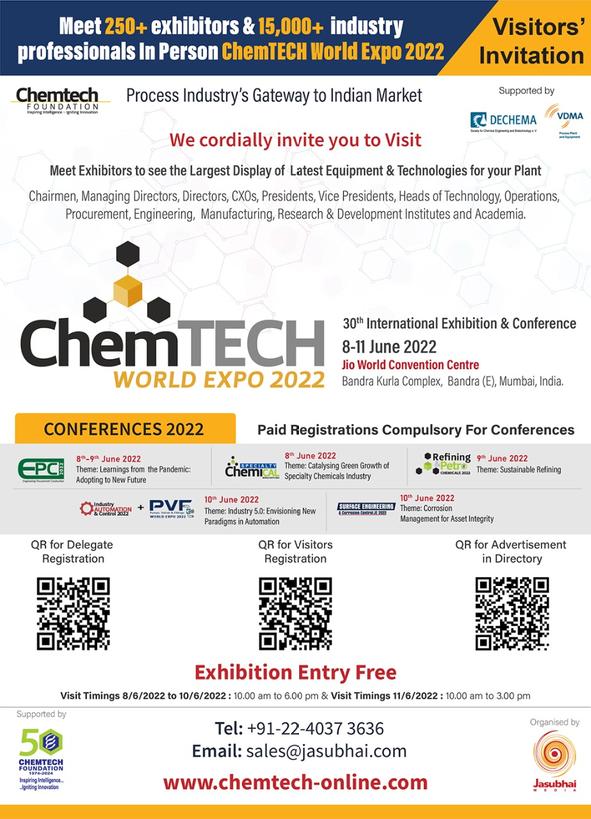 ChemtechWorld's tweet photo. Block ur date  for world second largest process industry exhibition,30th edition of chemtech world expo from june 8 to 11,2022 at jio world centre,bkc,bandra east,mumbai
@sureshpprabhu #chemicals #Oil #power #Pharmaceutical #LarsenToubro #Reliance #paints #energy https://t.co/ME0YQdhNaP
