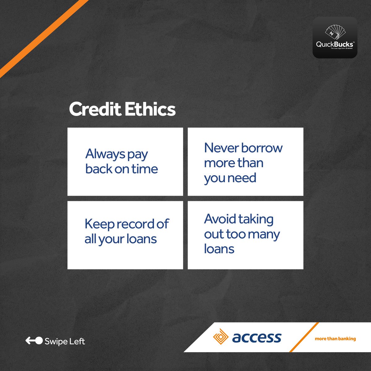 access_more's tweet photo. Did you know any of these facts about credit?👍
For instant access to credit when you need it, download the QuickBucks app by Access Bank😎
Click the link below to learn more!
https://t.co/vMgkVstxiR
#Quickbucks #Businessloan #Accessmore https://t.co/mZHbZyhg0y