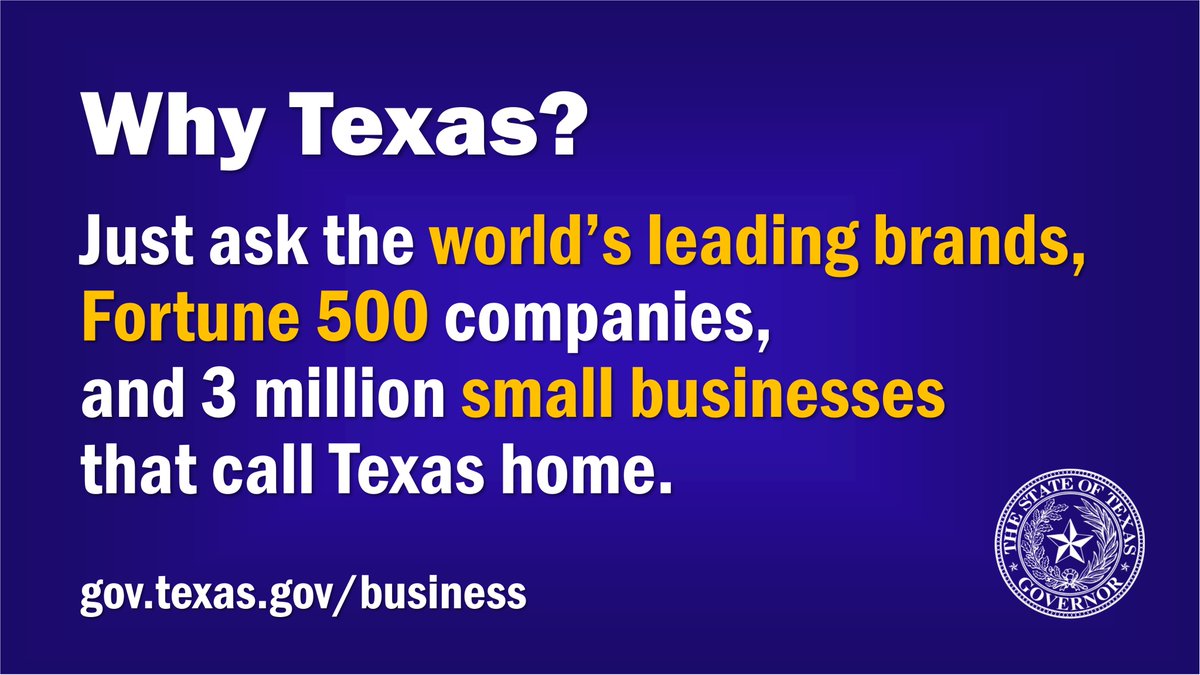 GovAbbottPress's tweet photo. Why Texas? A business-friendly climate—with no corporate or personal income tax—plus a highly skilled &amp; diverse workforce, easy access to global markets, robust infrastructure, &amp; a reasonable regulatory environment. More > https://t.co/Pwyk5Ytsoe #EconDevWeekTEXAS @TexasEconDev https://t.co/pDFtXpgtYl