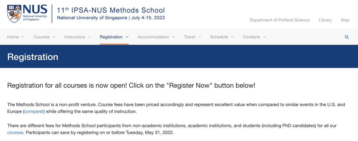 Methods School (@methodsschool) on Twitter photo Registration for the 2022 #ipsaNUS Summer Methods School is now open! Join us on July 4-15 for 2 weeks of intense learning!
Our main site is here: fass.nus.edu.sg/methods-school/.
The course list is here: fass.nus.edu.sg/methods-schoolβ¦.
The registration page is here: fass.nus.edu.sg/methods-school⦠Registration for the 2022 #ipsaNUS Summer Methods School is now open! Join us on July 4-15 for 2 weeks of intense learning!
Our main site is here: fass.nus.edu.sg/methods-school/.
The course list is here: fass.nus.edu.sg/methods-schoolβ¦.
The registration page is here: fass.nus.edu.sg/methods-schoolβ¦