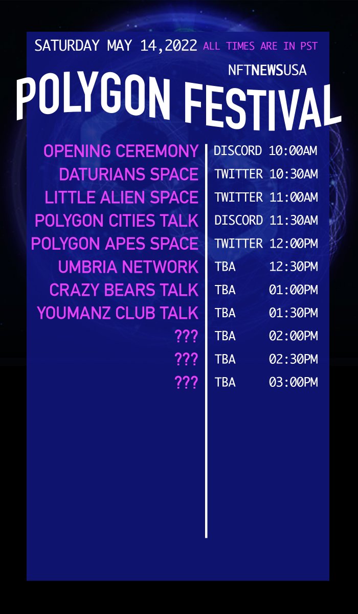 FCG_Studio's tweet photo. (Polygon Festival Update)
There is still time to get a time slot!<<
___
DM for sign up and feature a #PolygonNFT project!
Would like to DJ on Twitch, do a giveaway or just have a good time hanging out in the Discord? Join in!
Free for all!
https://t.co/PvmOhe71Dc
#polygonfestival https://t.co/6KvARDvRyq