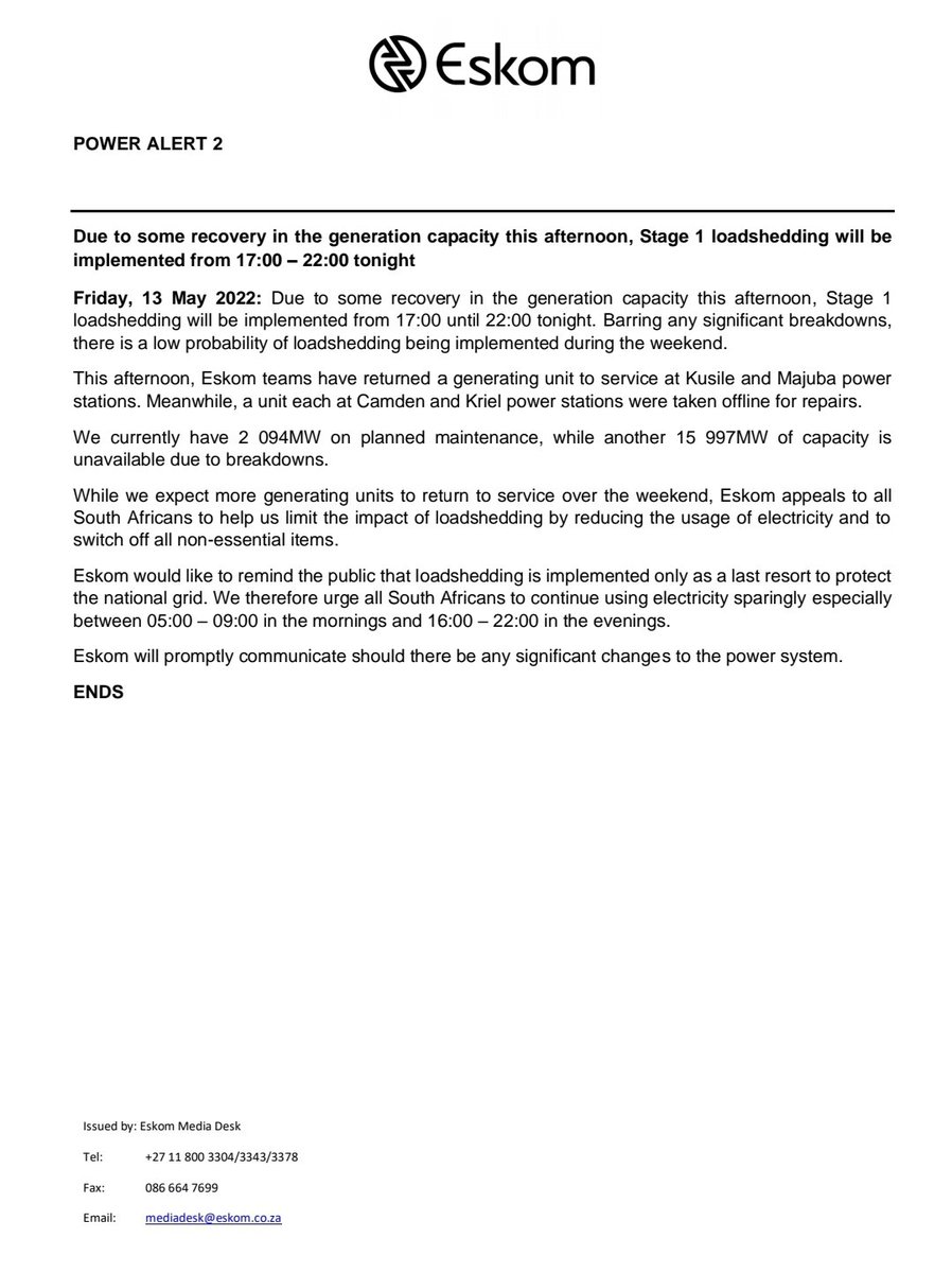 Eskom_SA's tweet photo. #POWERALERT2
Due to some recovery in the generation capacity this afternoon, Stage 1 loadshedding will be
implemented from 17:00 โ 22:00 tonight https://t.co/yjF67oeLzF