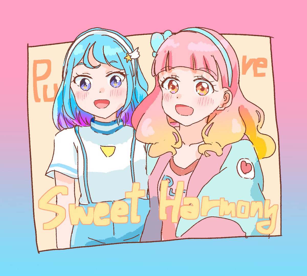 multiple girls gradient hair 2girls pink hair smile hairband blue hair  illustration images