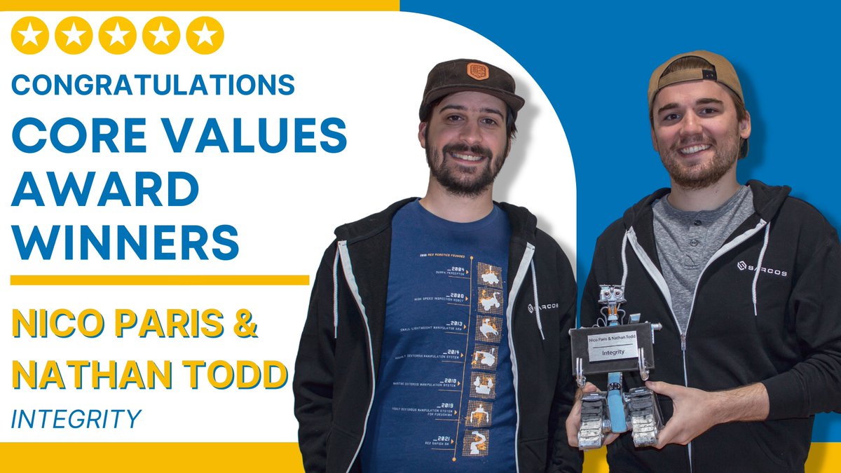 re2robotics's tweet image. Congrats to our first-ever dual Core Values winners, Nico Paris &amp;amp; Nathan Todd. Both received Integrity nominations: Nico for his diligent efforts ensuring that our robotic arms reflect the quality we expect, &amp;amp; Nathan for collaboration across departments. 
#RE2Robotics #corevalues