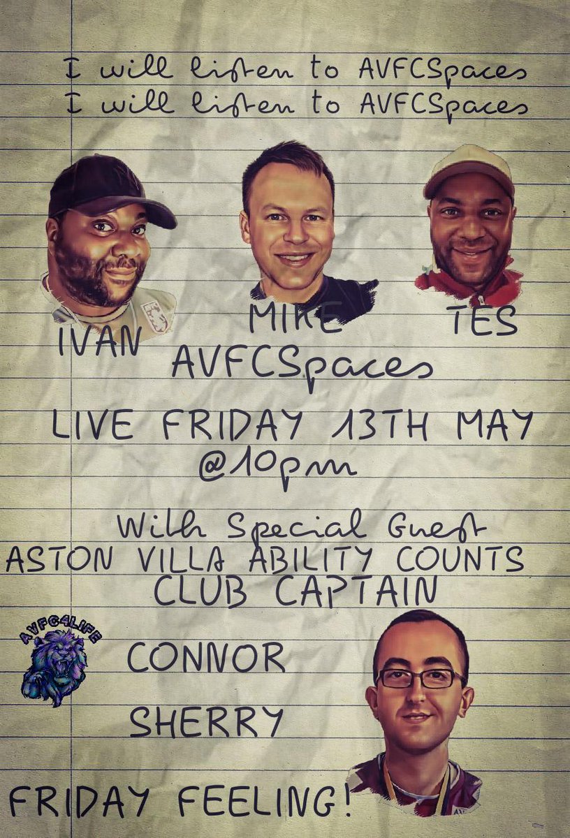 ALife1874's tweet photo. Tonight Villans live at 10pm, join me, @iamivank & @Cuban_Knight for #AVFCSpaces
Our Special Guest tonight is Aston Villa Ability Counts Club Captain, @Connorsherry3
We hope you have the time to listen in, Villans!
#UTV ๐ ๐
#AVFC #FridayFeeling #JoinUs #AstonVilla https://t.co/FHgebLlsBV