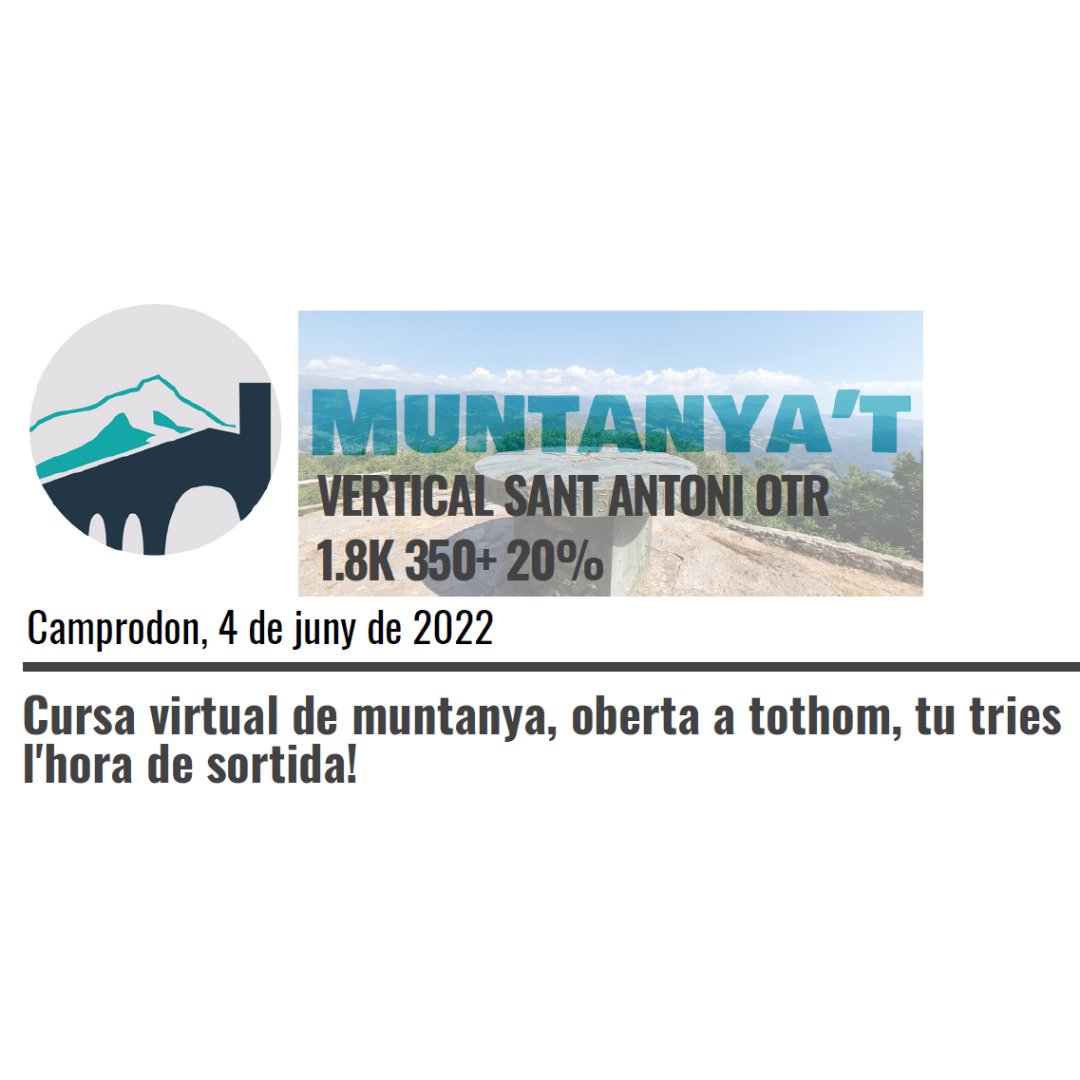 muntanyat's tweet photo. Vertical Sant Antoni OTR 1.8K 350+ 20%
Cursa virtual de muntanya, oberta a tothom, tu tries l'hora de sortida! @OpenTrailRaces
#muntanyat2022 #espaitrobada
#muntanya #correrpermuntanya #vertical #pirineuscatalans #outdosports #trailrunning #mountainrunnig #skyrunning #kv https://t.co/8H3zWVXOEw