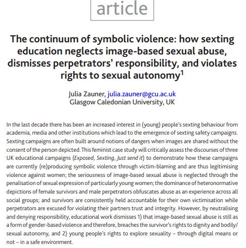 JGBVjournal's tweet photo. How have sexting safety campaigns reinforced traditional #gender norms and encouraged #victimblaming of female survivors?

Find out for ⭐FREE⭐ as part of our Editors' Choice Collection⬇️

https://t.co/m4c7hjjjlk

@ju_znr @CaledonianNews #ViolenceAgainstWomen https://t.co/ihMO6YAqfs