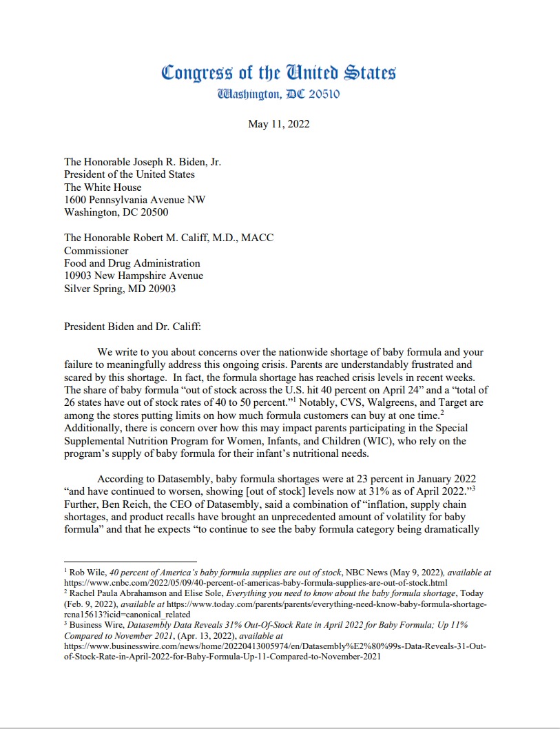 RepMoBrooks's tweet photo. The Biden Administration continues to fail the American people. Now, families are unable to find baby formula because of this dire shortage. In response, I have signed  @cathymcmorris letter which requests the FDA to provide answers for this crisis. https://t.co/nplISeaW9i
