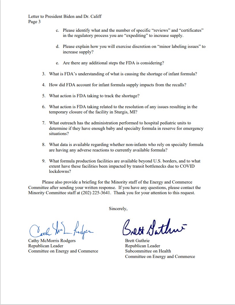 RepMoBrooks's tweet photo. The Biden Administration continues to fail the American people. Now, families are unable to find baby formula because of this dire shortage. In response, I have signed  @cathymcmorris letter which requests the FDA to provide answers for this crisis. https://t.co/nplISeaW9i