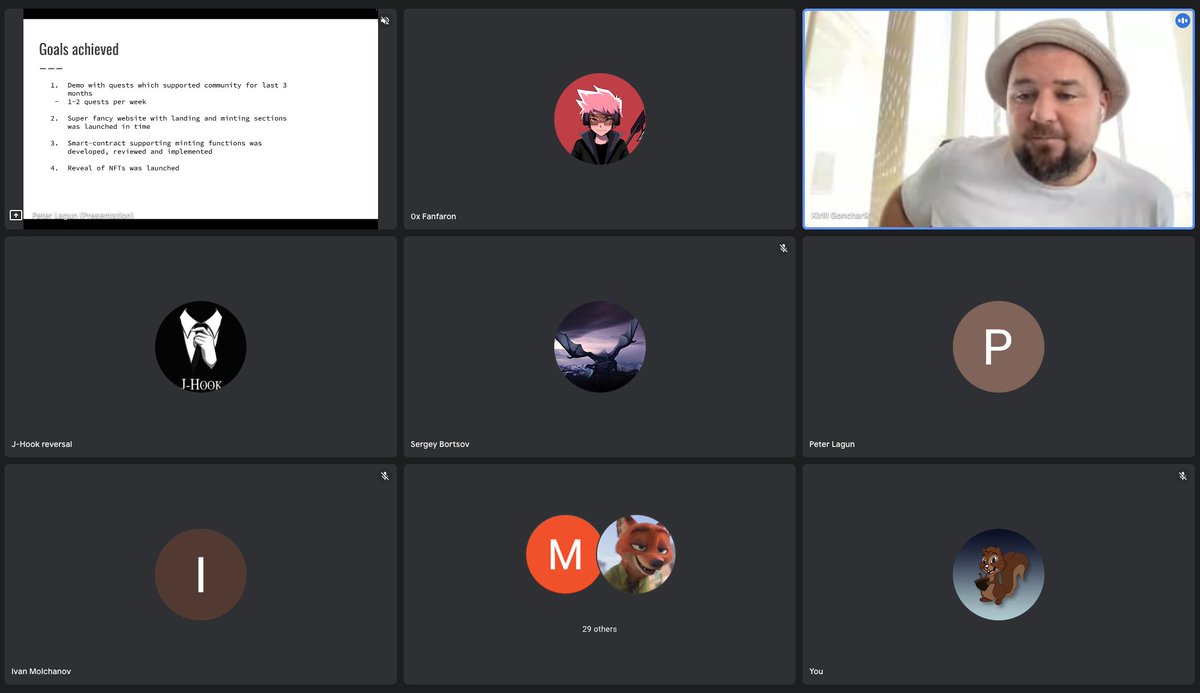 Over the last 8 months we have grown into an awesome team of 36. Today, following a successful NFT launch earlier this week, we had the first cross-team synchronisation meeting. It was great to hear from everyone, and listening to <a href="/0xfanfaron/">fanfaron 🟡</a> speak always makes me bullish. RAGMI!