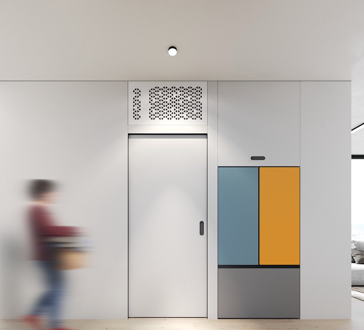 Clean straight lines to reduce visual clutter. Checkout our new HVAC filter + ERV grille and overhead storage 🥰🥹

Visualization of Solo Type A hallway with the Samsung Bespoke fridge upgrade.

#smarthome #modular #construction #prefab #housing #affordable #millenials #genz #adu