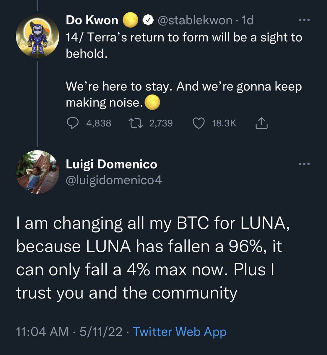 ThomasBurkhartB's tweet photo. RT @deutrino@mstdn.io
CW: hilarious coinshit (UST implosion), birdsite screencap
#Terra #UST #LUNA #cryptocurrency #coinshit #lol
https://t.co/3cuSnt3bvg https://t.co/bY3vW3M1OP