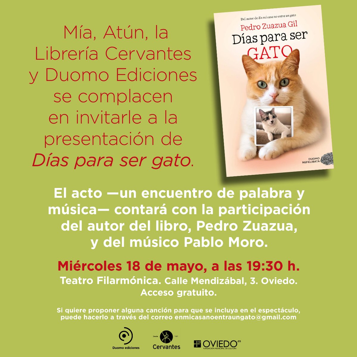 ¡Atención #Oviedo! 😀

El próximo miércoles en el Teatro Filarmónica de <a href="/aytoviedo/">@aytoviedo</a>, <a href="/PedroZuazua/">Pedro Zuazua</a> presentará su nuevo libro #DíasParaSerGato, en un encuentro de palabra y música, con el músico <a href="/pmorooficial/">Pablo Moro</a> 📚🎶

¡Os esperamos!