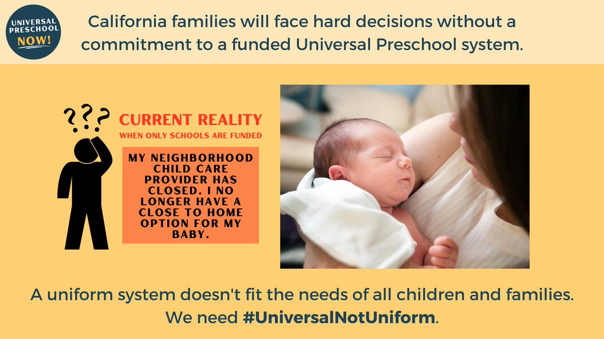 CA families will face hard decisions without a commitment to a funded #UniversalPreschool system.

Community-based programs cannot survive when school-based programs are the only funded option, which harms families with infants & toddlers in need of #childcare. #CAbudget