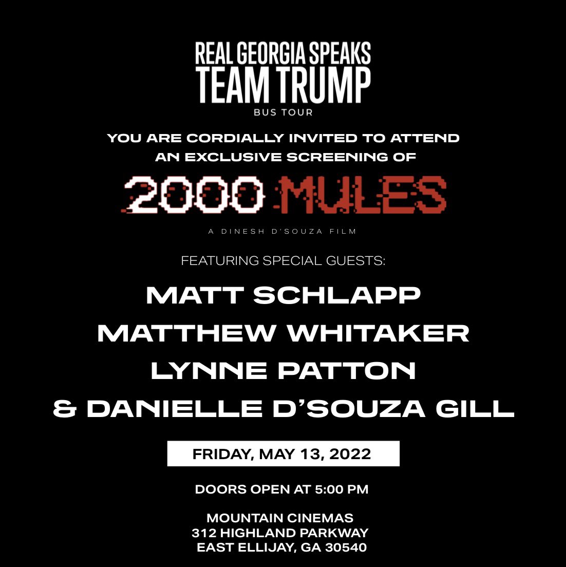 TakeBackGA's tweet photo. ‼️ DON’T MISS THIS! Tonight, at 5:00PM A special screening of #2000Mules with @mschlapp, @MattWhitaker46, @LynnePatton, and @danielledsouzag. RSVP here: https://t.co/0drmTWf5z1 https://t.co/liTYotfnk5
