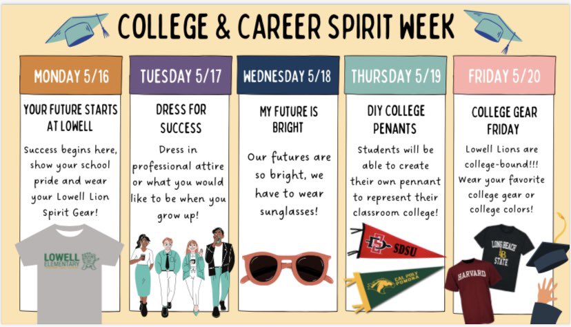 In celebrating our upcoming College & Career events, we have created a spirit week calendar that will focus on college and career themed attire/activities! We are so thrilled to have our scholars explore different pathways.@LowellElementa6 @SantaAnaUSD @SAUSDCCR @DrRebeccaPianta