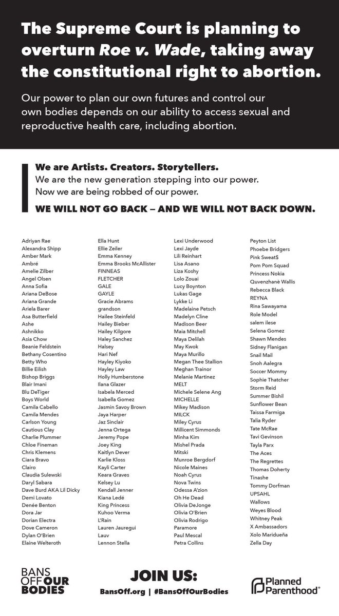 PopCrave's tweet photo. Ariana Grande, Billie Eilish, Camila Cabello, Demi Lovato, Megan Thee Stallion, Miley Cyrus, Olivia Rodrigo, Selena Gomez, and others sign letter slamming possible Roe v. Wade reversal.

🔗: https://t.co/x6N5WFH4fs https://t.co/KCAjA3ZdVs