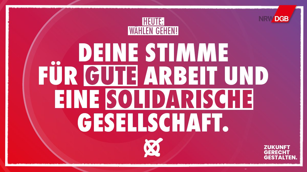 Heute geht es um viel: In NRW werden die pol. Weichen für die nächsten 5 Jahre gestellt. Die DGB-Gewerkschaften in NRW fordern alle Arbeitnehmer*innen auf, von ihrem Stimmrecht Gebrauch zu machen. Denn: Wer wählt, entscheidet mit. Wer nicht wählt, wird trotzdem regiert! #ltwnrw22