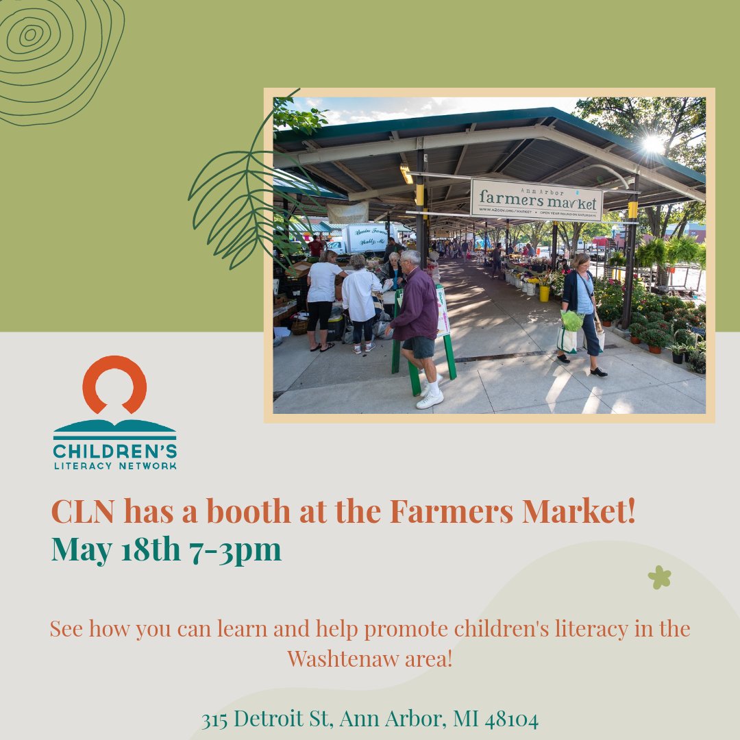 Visit us on May 18th! We have a booth at the up-and-coming Ann Arbor Farmers Market. We're prepared for you to stop by, discover, and see how you can help CLN now and in the future.