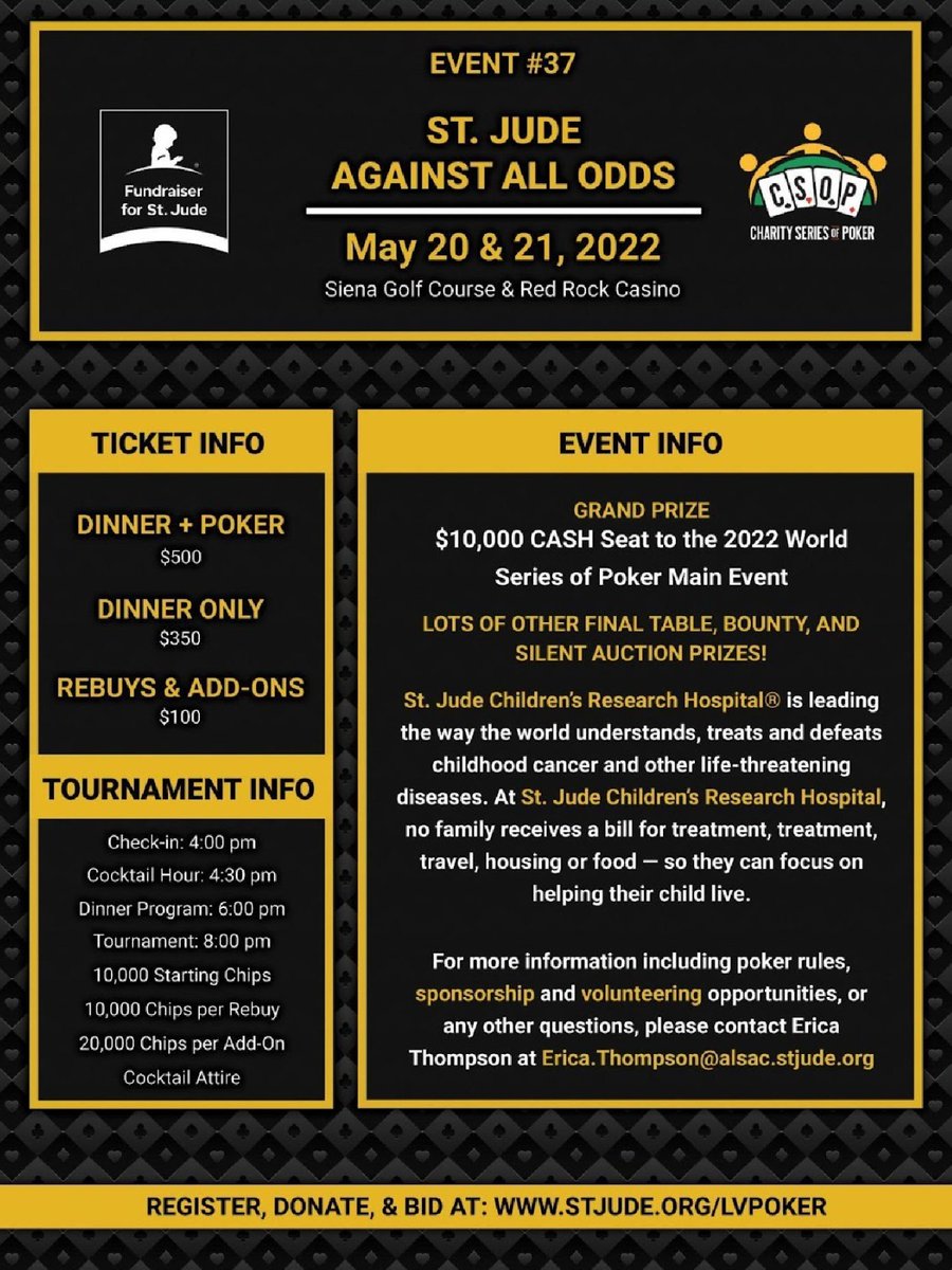 WriterJen's tweet photo. Giveaway: One person will win a free $500 ticket (dinner & poker) for the St. Jude fundraiser... just respond to this tweet with hashtag #CSOPticket & promise you'll be in LV on May 21. I'll put all names in a hat & my mom will pick the winner on May 19. https://t.co/tFUo482ity