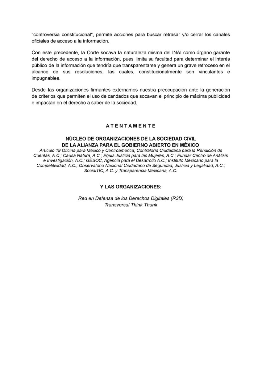 FundarMexico's tweet photo. 🚨 | El criterio de la @SCJN sobre controversias constitucionales respecto a las resoluciones del @INAImexico vulnera el principio de máxima publicidad e impacta en el derecho a saber de la sociedad.

𝗖𝗼𝗺𝘂𝗻𝗶𝗰𝗮𝗱𝗼: https://t.co/wjIjs1EvsK https://t.co/KHG5hM80vr