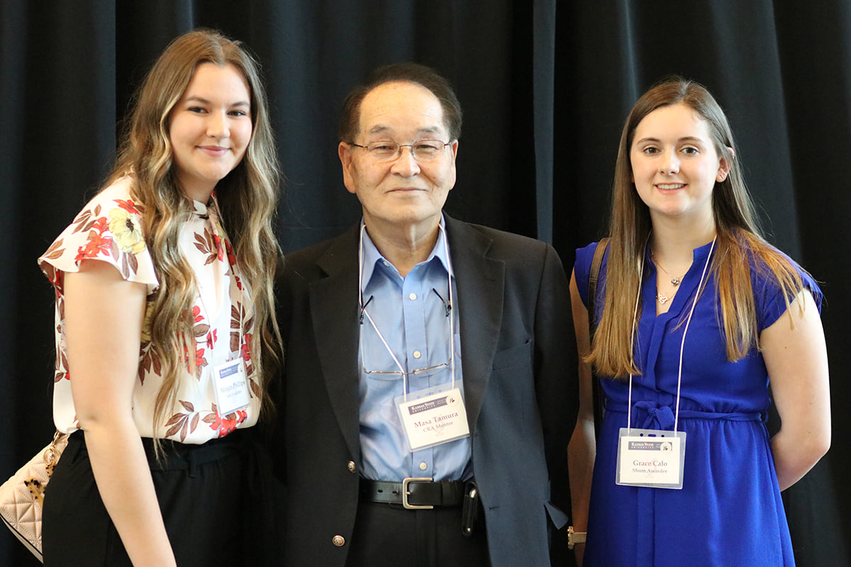 KSUCVM's tweet photo. Excited for these students to be receiving cancer research awards under the mentorship of the CVM's Dr. Masaaki Tamura: Grace Calo, third-year veterinary student (right), Justin Shum Award; and Morgan Phillips, undergraduate student, Joanne L. Reeves Award. @KSUDAP https://t.co/PynKrb1W20