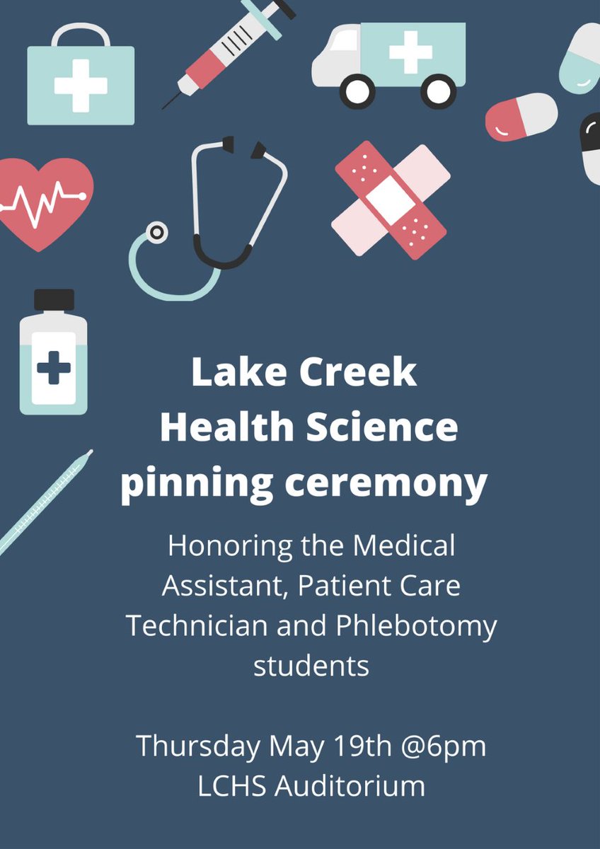 nursepmilli's tweet photo. Join us Thursday the 19th at 6pm to celebrate the Certification of LCHS 26 Medical Assistants, 6 Patient Care Technicians and 6  Phlebotomists  ❤
@LakeCreekHS @MISDCareerTech @Counselors_LCHS @FlemingInTheDen @Miller_LCHS @giffwhitehead @StoweFoSho #RO4R #lakereeklions https://t.co/TcsRRX8nkG
