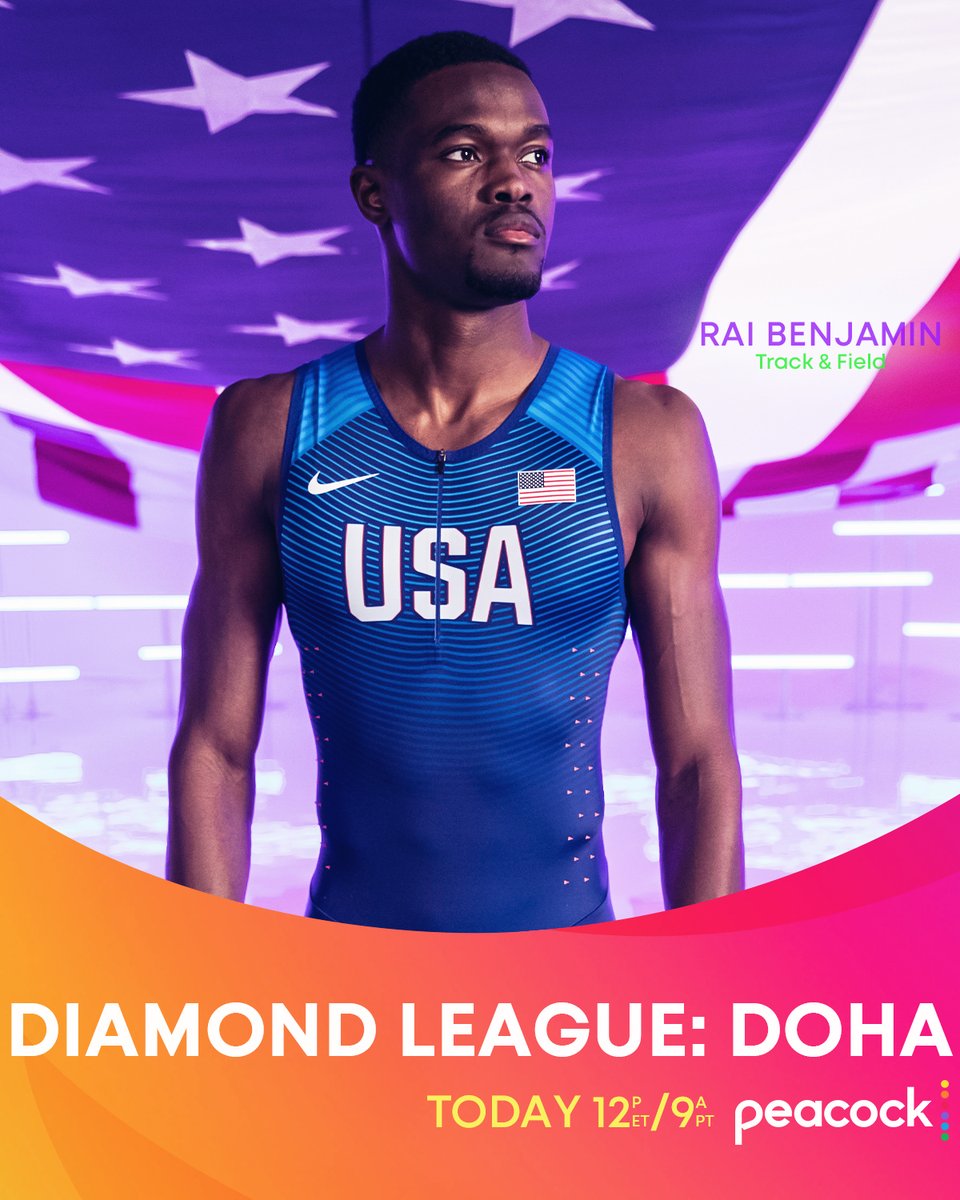 Photo of track and field athlete Rai Benjamin on a graphic promoting Diamond League Doha on Peacock TV.