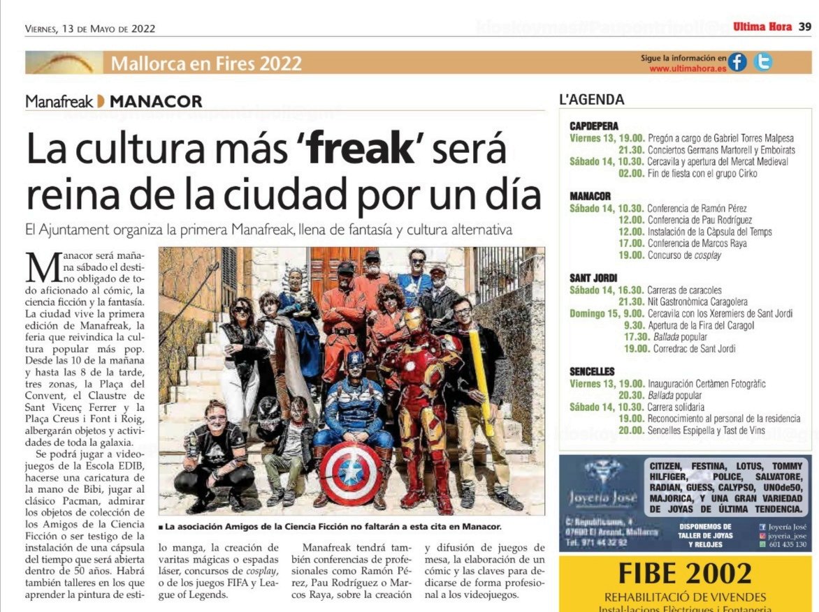 Primavera de fires!
Mirau quin planaç per a demà dissabte: #Manafreak.
Per als i les amants dels videojocs, els còmics, les noves tecnologies...
Organitzat pel nostre regidor a l'<a href="/ajManacor/">Ajuntament de Manacor</a>, <a href="/CarlesGrimalt/">Carles Grimalt</a> 👇