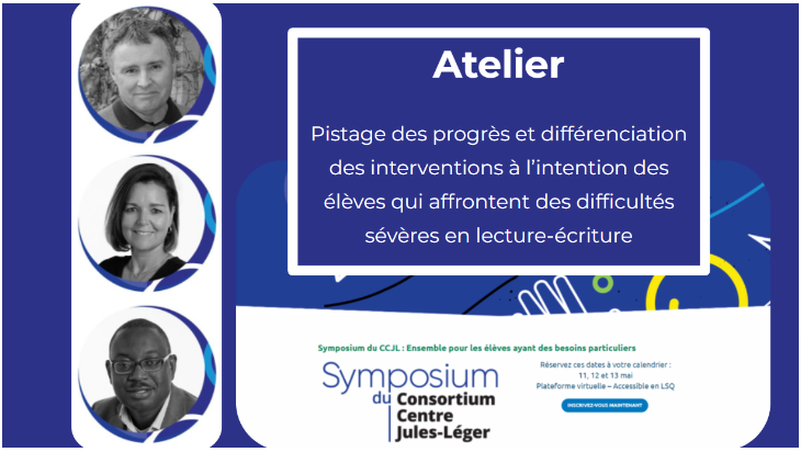 Venez rencontrer Danielle Drouin, Alain Desrochers et <a href="/Ibrahimadiop08/">Ibrahima Diop-consultant CCJL</a> au #sympoccjl2022 du <a href="/CJulesLeger/">Consortium Centre Jules-Léger</a> à leur atelier où il sera question du pistage des progrès des élèves avec des difficultés en lecture. Ceci débute à 11 h 10!