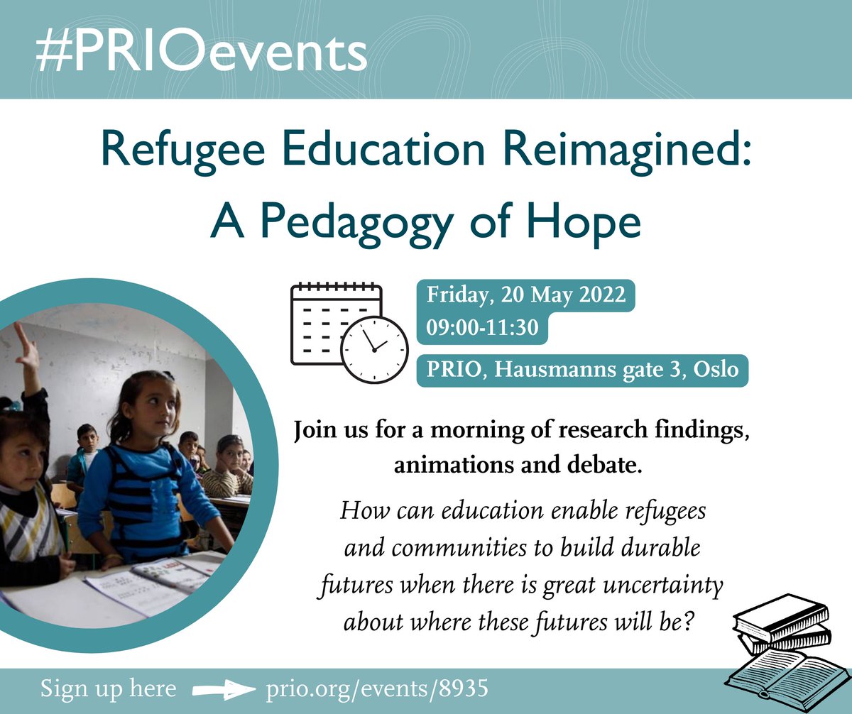 PRIOresearch's tweet photo. 📢Upcoming event!📢
Join us for a morning of research findings, animations and debate on how #education can enable #refugees and communities to build durable futures when there is great uncertainty about where these futures will be. Sign up👉 https://t.co/y72FDw4gfT
#PRIOevents https://t.co/veDMGEhdOe