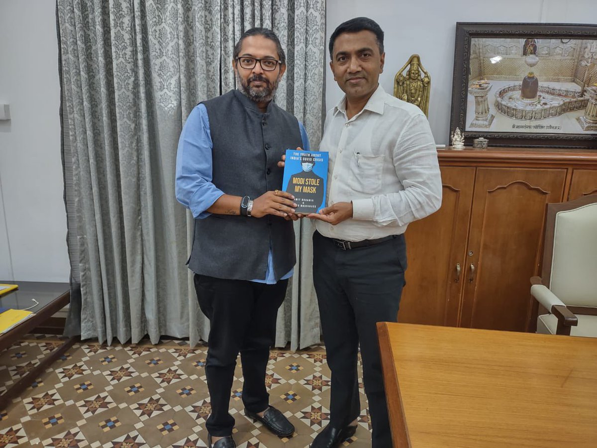 PrinceArihan's tweet photo. Gifted Goa Chief Minister @DrPramodPSawant a copy our book #ModiStoleMyMask. Also presented him with a box of โVelimโ eco-friendly pencils made out of waste paper from my constituency. @Greenwaveses @AmitBagaria12 https://t.co/AqnsdcwiZp