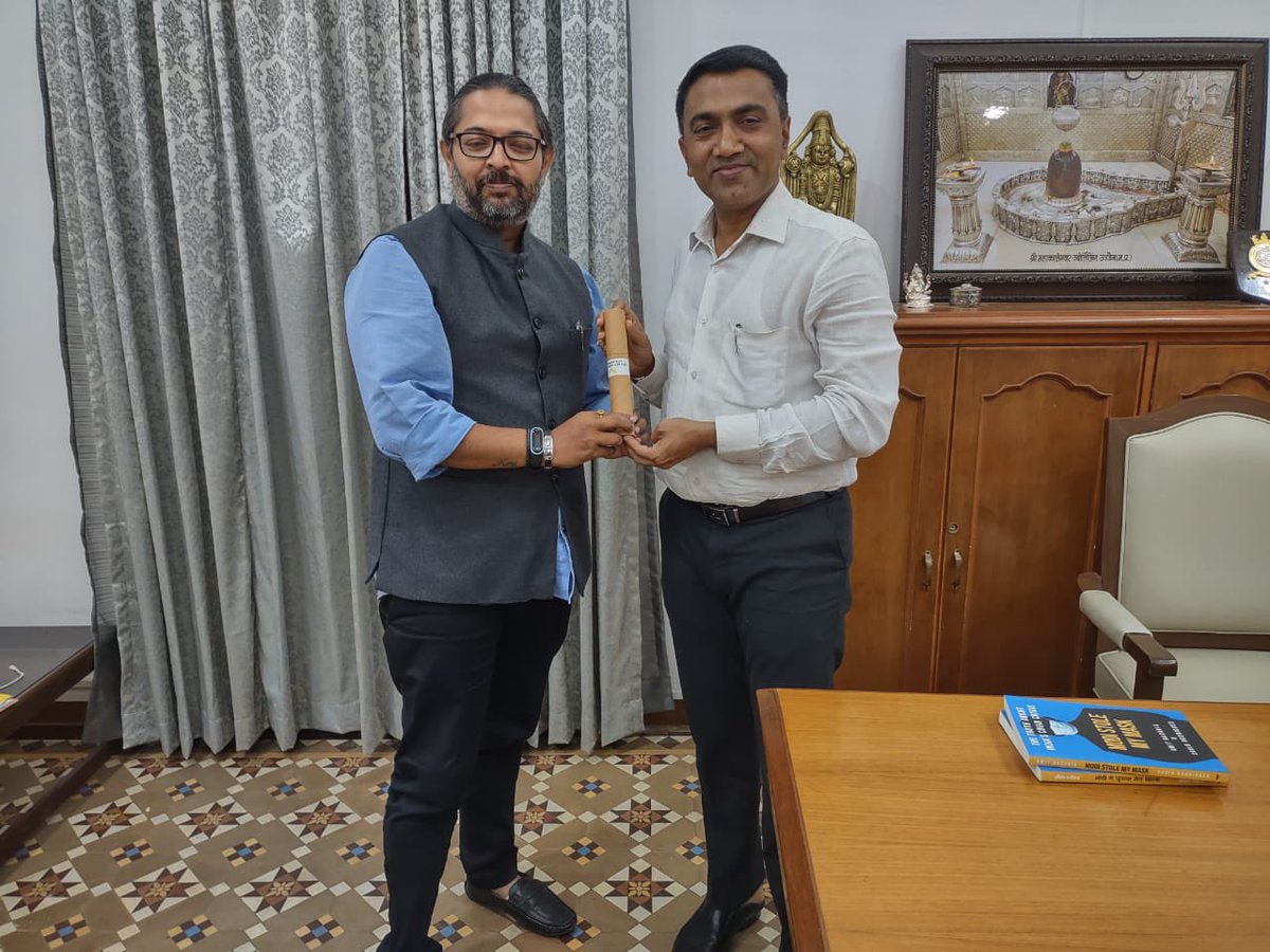 PrinceArihan's tweet photo. Gifted Goa Chief Minister @DrPramodPSawant a copy our book #ModiStoleMyMask. Also presented him with a box of โVelimโ eco-friendly pencils made out of waste paper from my constituency. @Greenwaveses @AmitBagaria12 https://t.co/AqnsdcwiZp