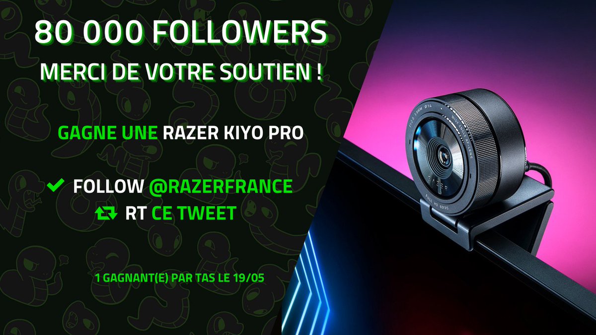 🎉 Vous êtes déjà plus de 80 000 à nous suivre ! 🤯

Pour fêter ça, on vous fait GAGNER la Razer Kiyo Pro.

✅ Follow <a href="/RazerFrance/">R Λ Z Ξ R 🇫🇷</a>
🔁 RT ce Tweet

Fin du #concours le 19/05. Merci de votre soutien et bonne chance ! 🐍💚