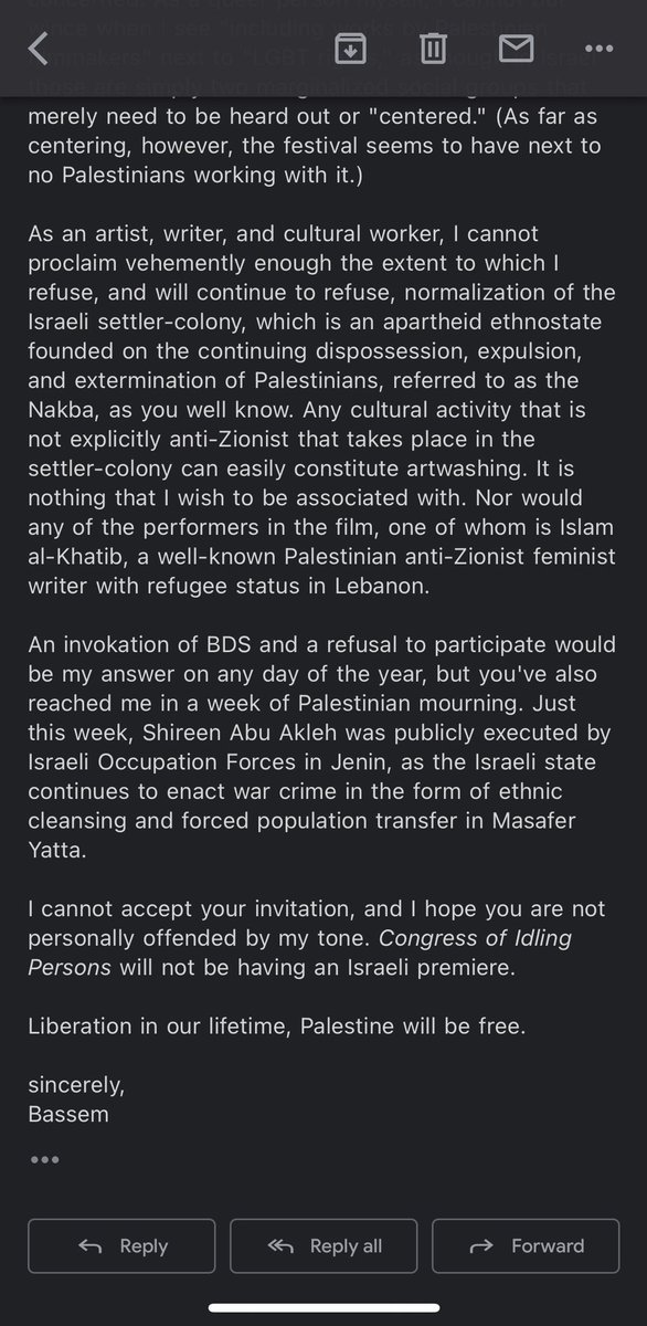 it was really not the best week for this Tel Aviv festival to try to invite me to have an "Israeli premiere" for my film—