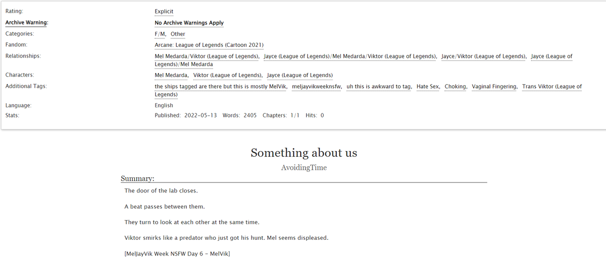 #meljayvikweeknsfw Day Six - MelVik

MelVik nation. I brought you a treat. I guess.

Explicit fic, please, minors, don't read.

archiveofourown.org/works/38965932