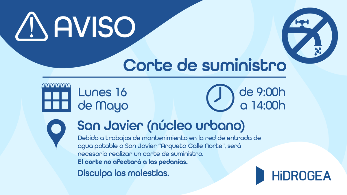 veolia_rmurcia's tweet photo. ⚠️Aviso CORTE DE SUMINISTRO 🚿
Debido a trabajos de mantenimiento en la red de entrada de agua potable a #SanJavier “Arqueta Calle Norte”, será necesario realizar un corte de suministro.
📅 Lunes 16
🕘 9h a 14h

El corte solo afectará al núcleo urbano. Disculpa las molestias. https://t.co/99QL6TlPqh
