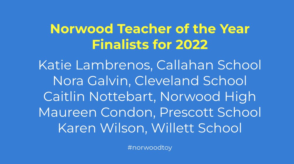 It's time to shoutout your favorites for Norwood Teacher of the Year. Here are the five finalists! #norwoodtoy <a href="/NorwoodSchools/">NPS</a>